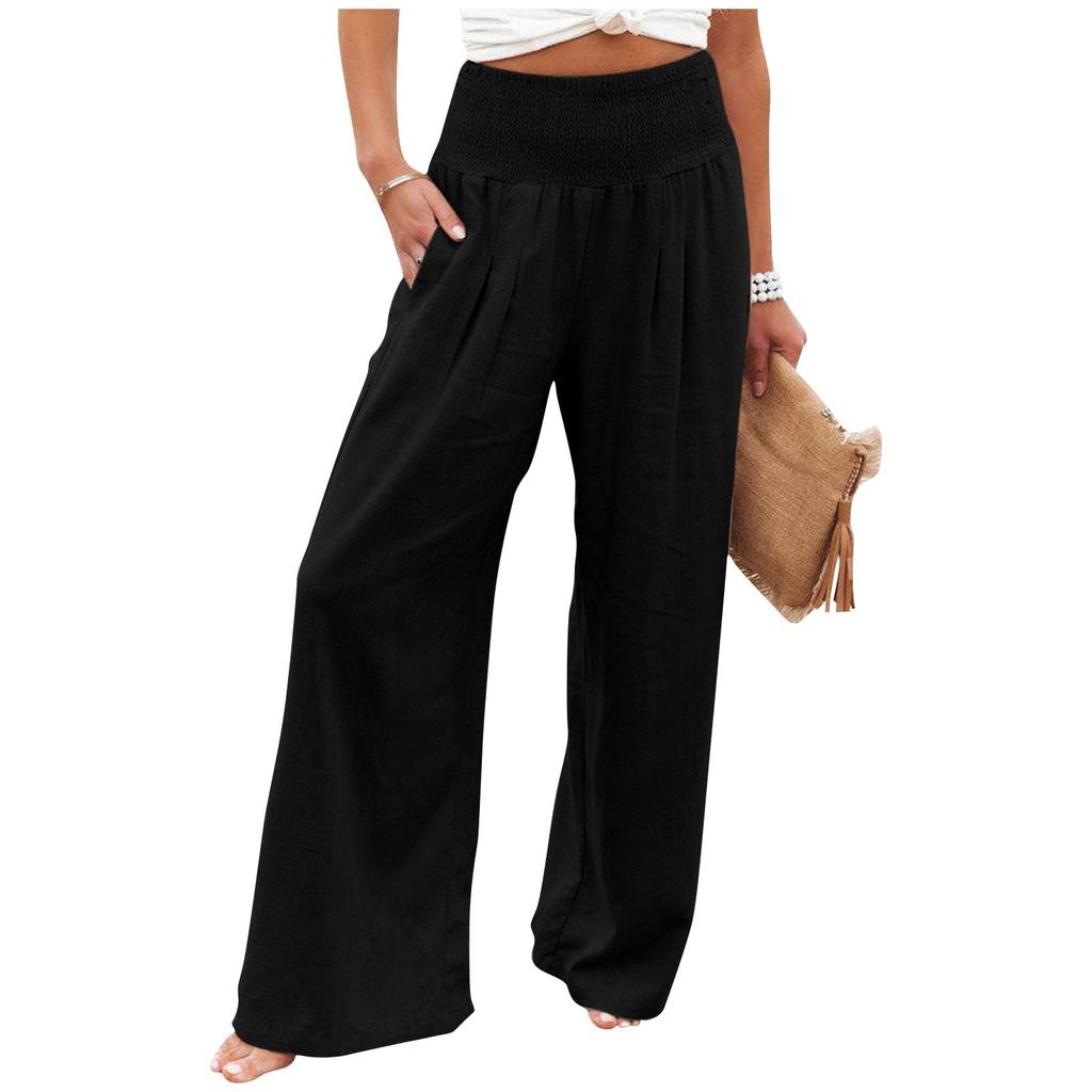 Buy Women's Casual Loose High Waist Cotton Linen Wide Leg Long Pants