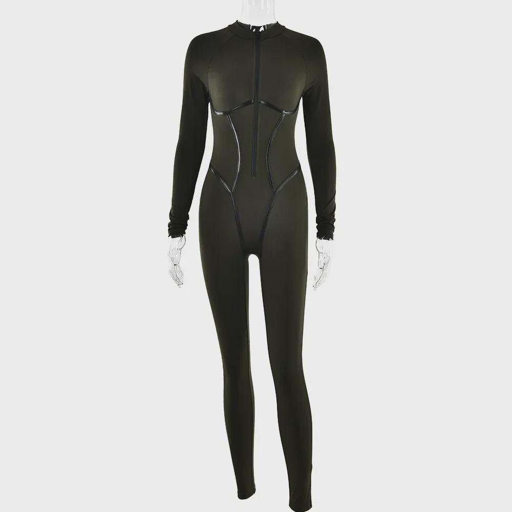 Leather-Split Design, Sports-Style Sexy Long-Sleeve Jumpsuit