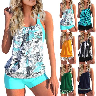 Damen Sexy Slim Fit Bedruckter Sling Split Boxershorts Bikini Plus Size Badeanzug (Zwei Stück)