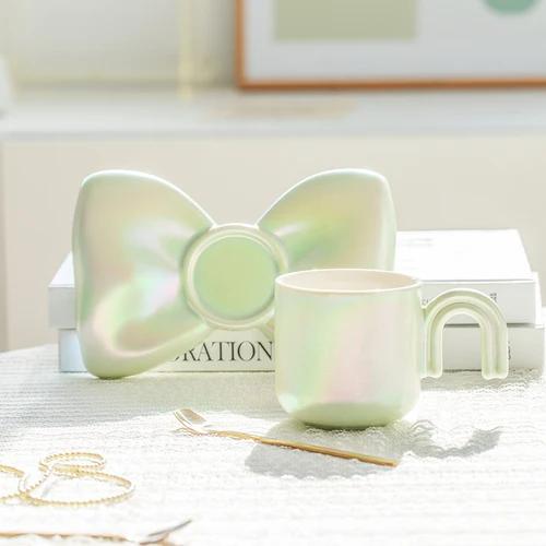 Bow Knot Coffee Cup Saucer Set Light Luxury Ceramic Mug Couple Afternoon Tea Coffee Cup Nordic Home Breakfast Milk Cup Gifts