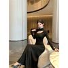 Women's Black Sexy Hollow Long Sleeve Dress with High Collar and Slim Fit