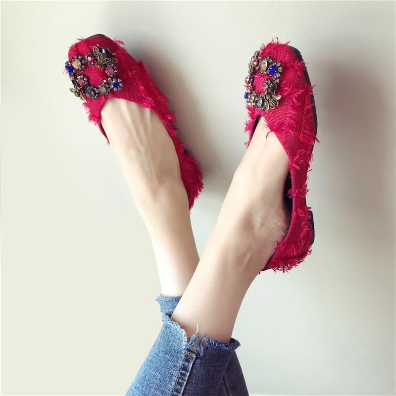 Autumn Fashionable All-match Rhinestone Square Buckle Square Toe Cloth Flat Heel Single Shoes Women's Soft Sole Moccasins