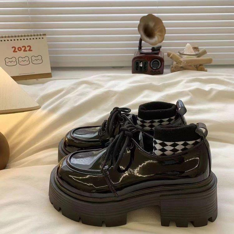 Retro British Style Black Platform Small Leather Shoes Women's 2025 Autumn New Thick Heel Small Height Increase Versatile Single Shoes