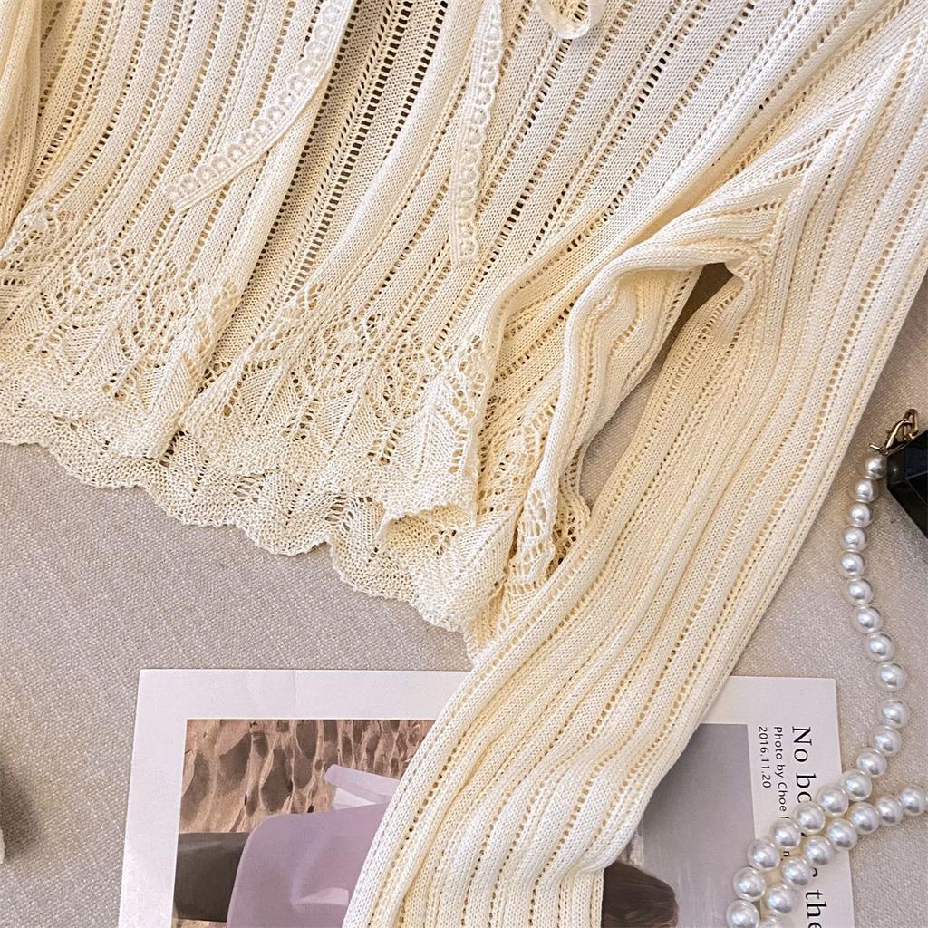 Dámský lehký letní svetr s dutým úpletem, krátký kardigan, jemný top