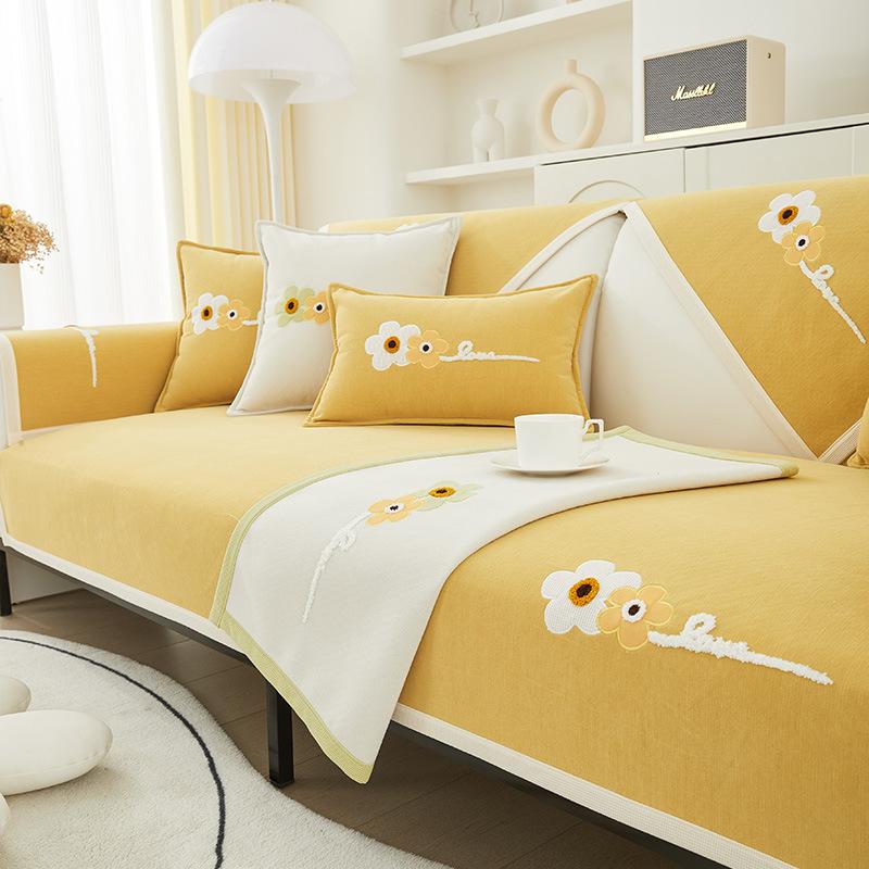 Chenille Embroidery Sofa Cover Soft Solid Color Couch Cover Living Room Modern Simple Universal Non-slip Anti-wrinkle Sofa Towel