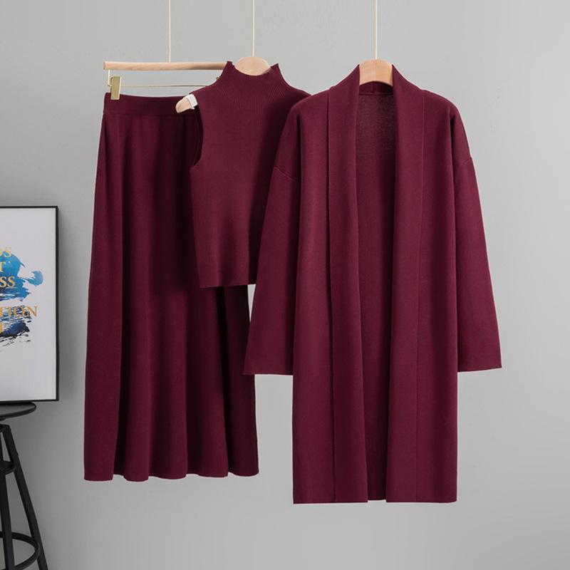 Women's Autumn Winter Knitted Three-Piece Set: Sleeveless Vest, Cardigan Sweater, Midi Skirt.