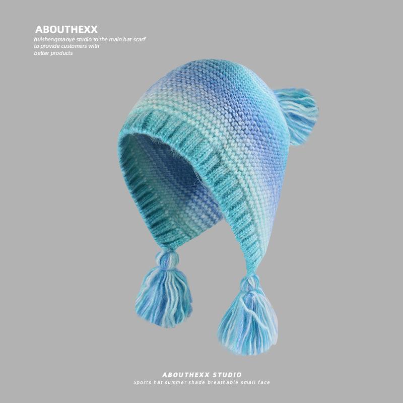 Rainbow Gradient Braided Wool Hat for Women Winter Showing Face Small Warm Lei Feng Hat Sweet Big Head Circumference Knitted Pullover Hat