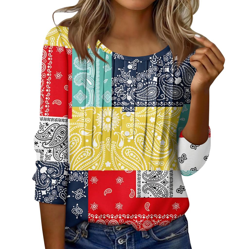 Women's Round Neck Pull Stripe Decorative Button Top Casual Solid Color 3/4 Sleeve T Shirt
