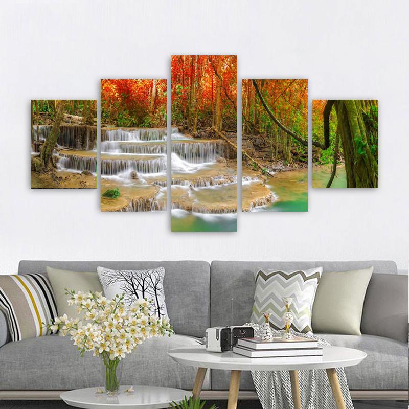 5 Panels Landscape Waterfall Posters and Prints Canvas Painting Wall Art Pictures Living Room Home Decor Lake Tree No Frame