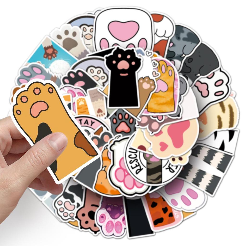 50 Cat Paw Graffiti Stickers - Cute, Waterproof Cartoon Cat Designs for Decorating Phone Cases and Suitcases