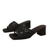 Women High Heels Slippers Shoes Square Toe Chunky Sandals Weave 2025 Designer Sexy Dress Party Slingback Pumps Zapatos