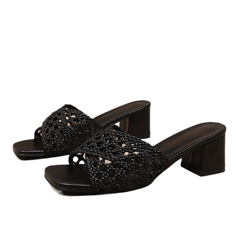 Women High Heels Slippers Shoes Square Toe Chunky Sandals Weave 2025 Designer Sexy Dress Party Slingback Pumps Zapatos