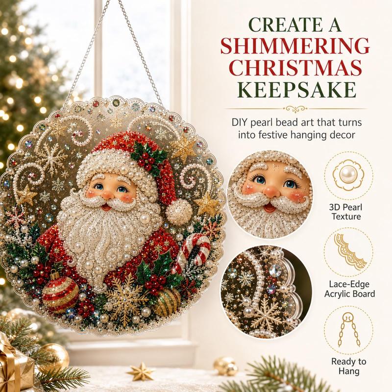 Christmas Pearl Suncatcher Kit, Diy Craft Pre-Assembled Metal Chain, Acrylic Round Board With Lace