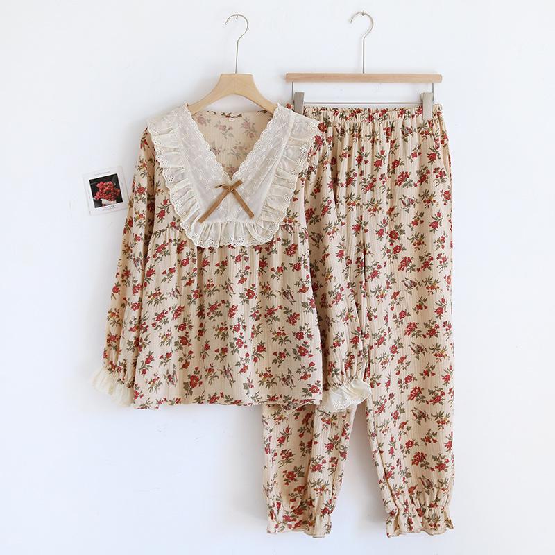 

Пижамный комплект из хлопка с V-образным вырезом и кружевом в стиле ретро: Топ с длинными рукавами и брюки на весну и осень XL within 140 catties