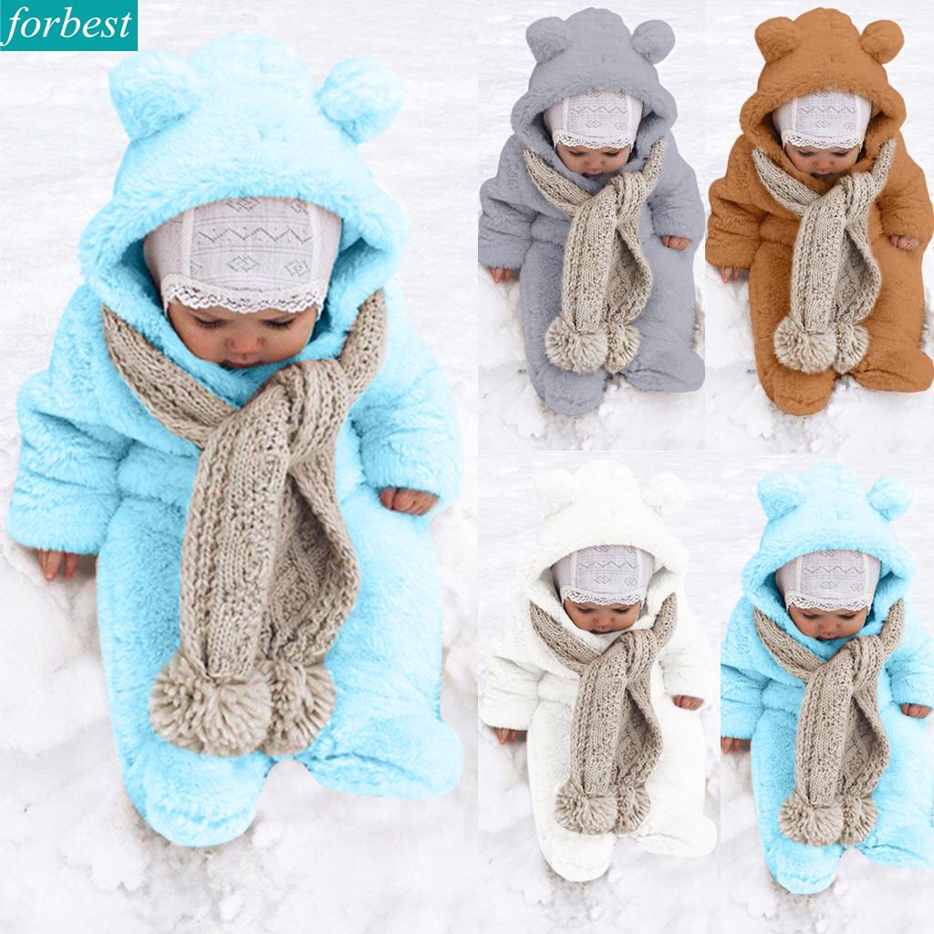 Newborn Baby Boy Winter Fleece Jumpsuit Solid Hooded Romper Warm Coat Outwear