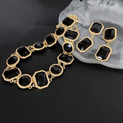 Crystal Square Round Necklace for Women Retro Fashion Collar Chain Luxury Dangle Earrings Women's Jewellery Set Two Pieces