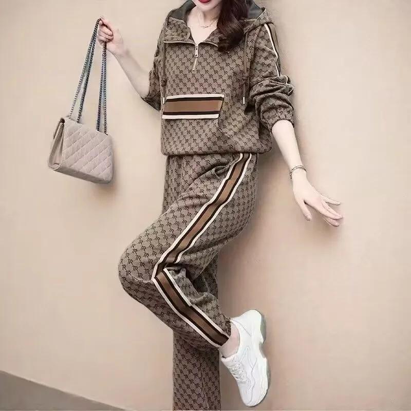 Women's Zipper Hoodie Casual Collared Two-Piece Set Fashionable Youthful Sportswear