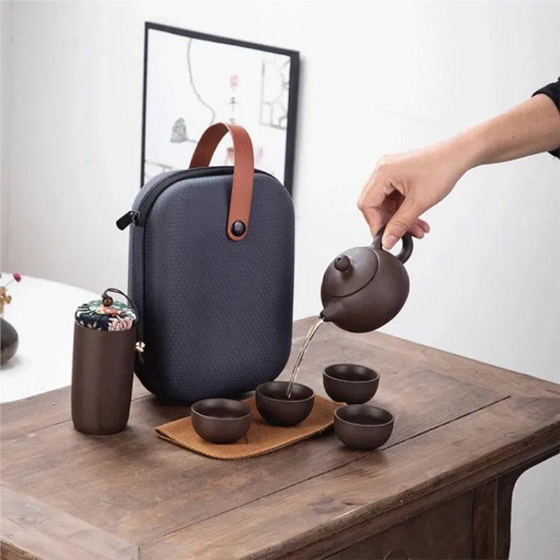 A84E-Portable Outdoor Travel Tea Set 1SET Zisha Style Including One Pot And Four Cups