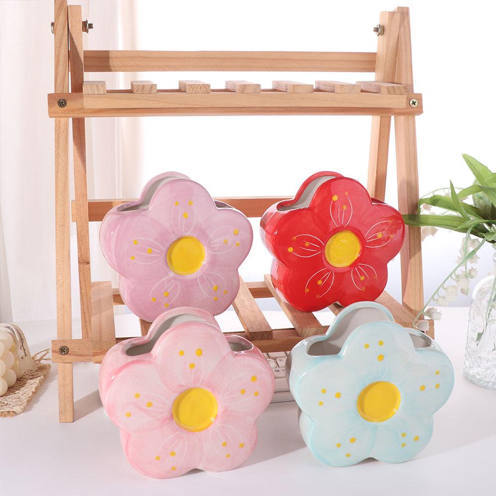 Multi-functional Ceramic Flower Shaped Vase Desktop Ornament Colorful Pen Container Makeup Brush Holder Storage Tank