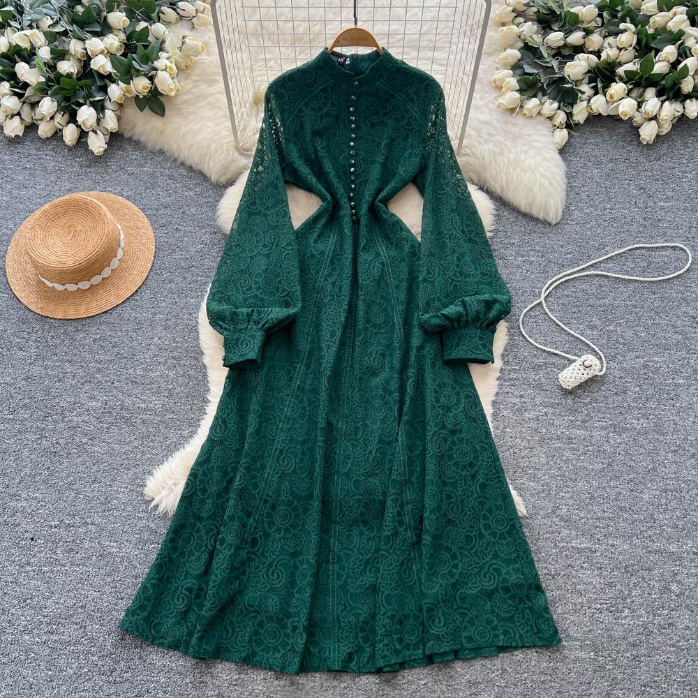 French Court Style Dress Women's Autumn High-end Single-breasted Waist and Thin Temperament Lace Long Dresses