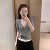 Pure and Alluring Style, Color-blocking Striped Deep V-neck Three-quarter Sleeve T-shirt for Women, Summer Sexy and Elegant, Slim Fit, Versatile Waist