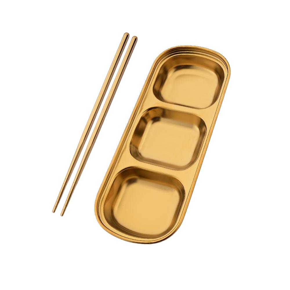 Golden Korean Style Stainless Steel Divided Dip Bowls Sauce Plate Seasoning Dipping Condiment Tray for BBQ Vinegar Spice Ketchup
