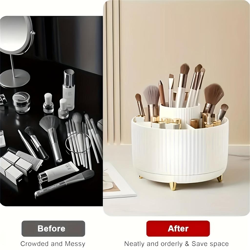 360° Rotating Makeup Brush Organizer 5-Compartment Cosmetic Storage Holder Stylish Desk Organizer for Brushes Lipsticks & Pens