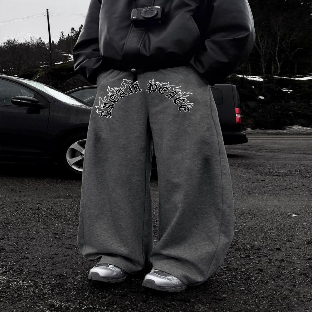 Men's Fashionable Wide Leg Pants Are Made of Polyester Fabric with Classic Letter Pattern Printing, Suitable for Loose and Casual Wear