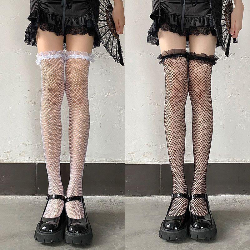 Long Tube Black Stockings Sexy Summer Thin White Knee High Thigh Black Half Pure Lace Mesh Socks Sy