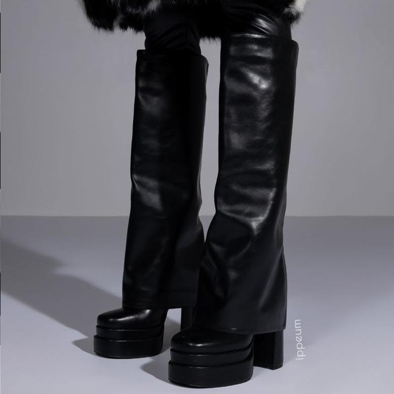 Fashion IPPEUM Orange Boots Platform Knee High Block Heel Shoes Y2k Plataforma Botas Bratz Mujer Hot Pink Fold Over Boots Women