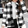 BITCED Women's Plaid Fleece Jacket with Patch Pockets Versatile Long-Sleeve Winter Fashion Casual Coat