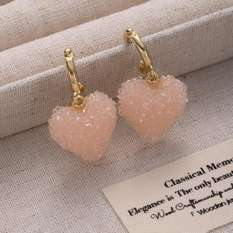 Full Diamond Crystal Love Pendant Earrings Pink Love Earrings Sweet And Gentle Ear Hanging Light Luxury Fashion Earrings