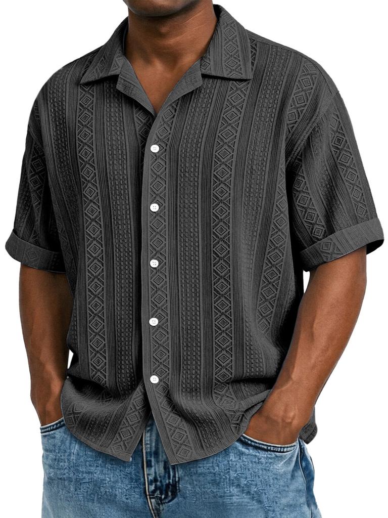 Mens Jacquard Short Sleeve Casual Loose Lapel Solid Vacation Beach Shirt