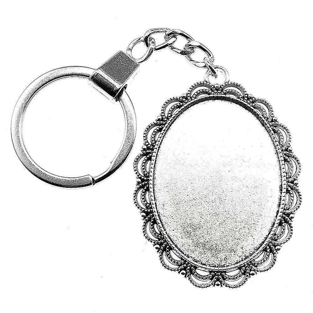 Heart Elliptical Glass Cabochon Base Setting Tray Blank Antique Bronze Metal Keychain for Family Gift