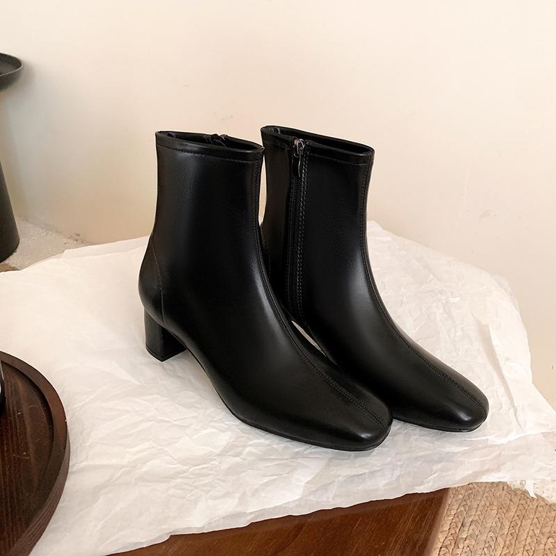 Cowhide Version Round Head Thick Heel Side Zipper Elastic Socks Boots Heightening Martin Boots Thin Boots Women'S Short Boots