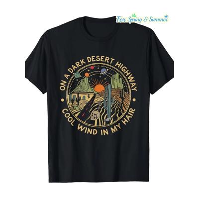 Men'S Desert Highway Graphic T-Shirt - Cactus & Sun Print with "On A Dark Desert Highway" Lyric, Breathable Loose Fit Casual Tee for Spring Summer,