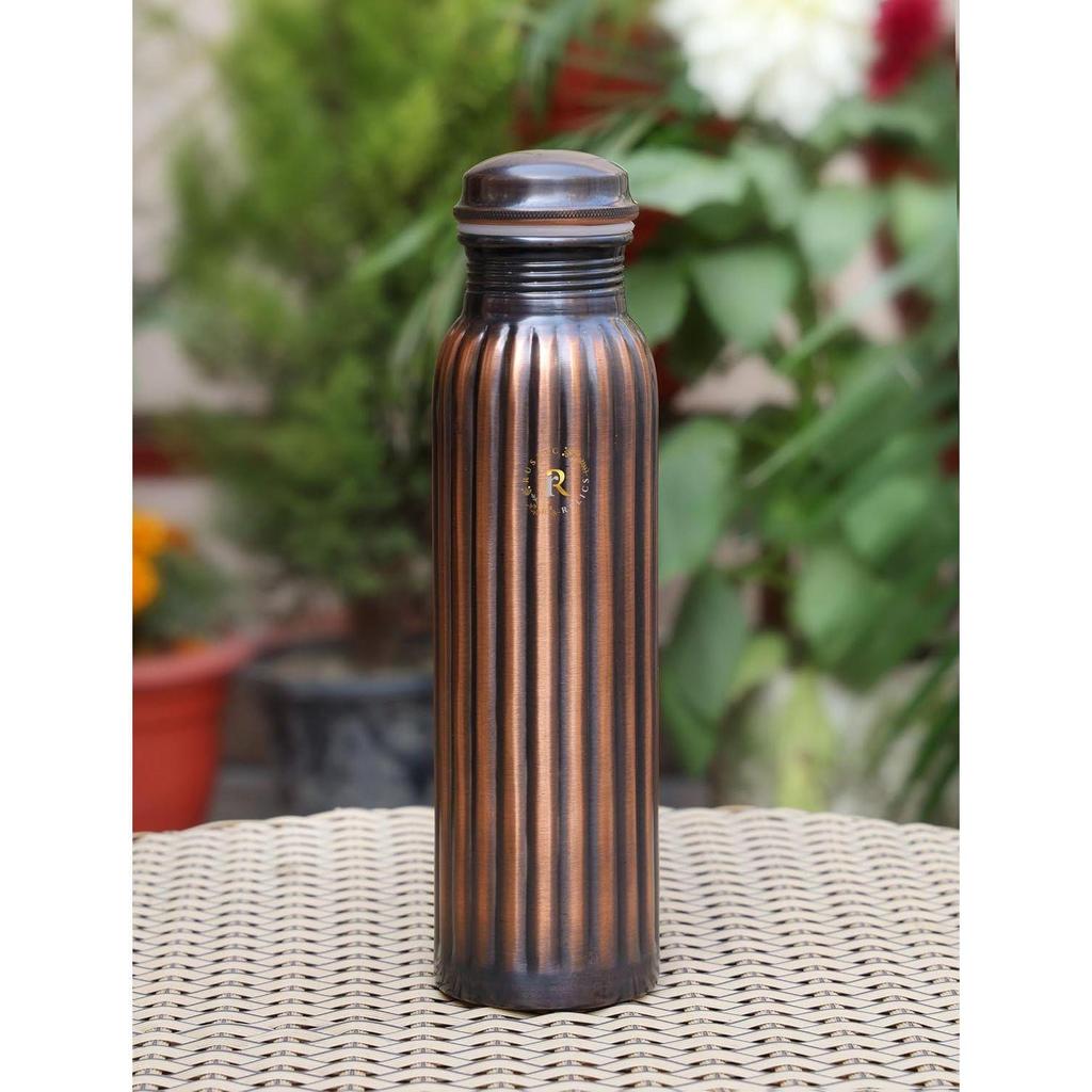 Pure Copper Water Bottle - 1L Hand Made | Antique Rope Design With Leak-Proof Lid | Ayurvedic Copper For Health Benefits | Non-Toxic Metal Made