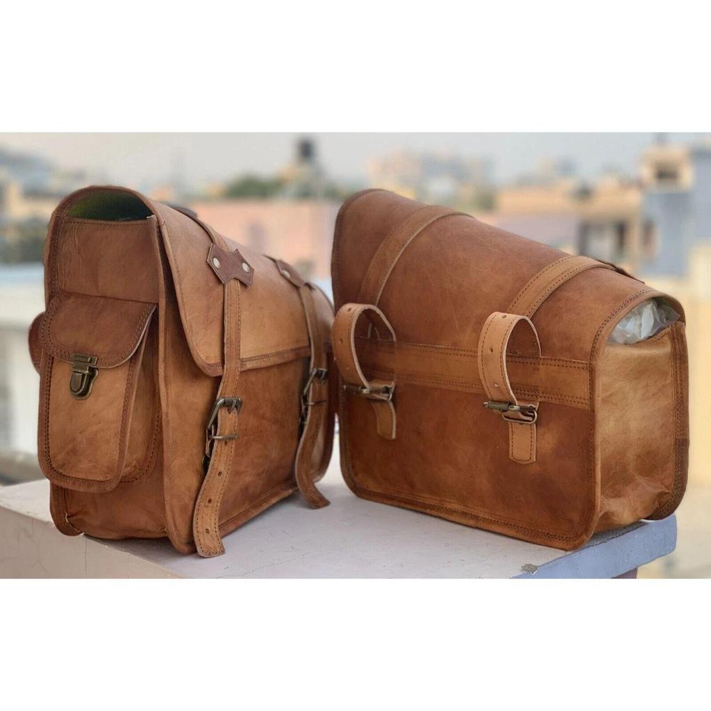 Motorcycle Leather Side Pouch Panniers Saddle Handmade Genuine Bags Saddlebag