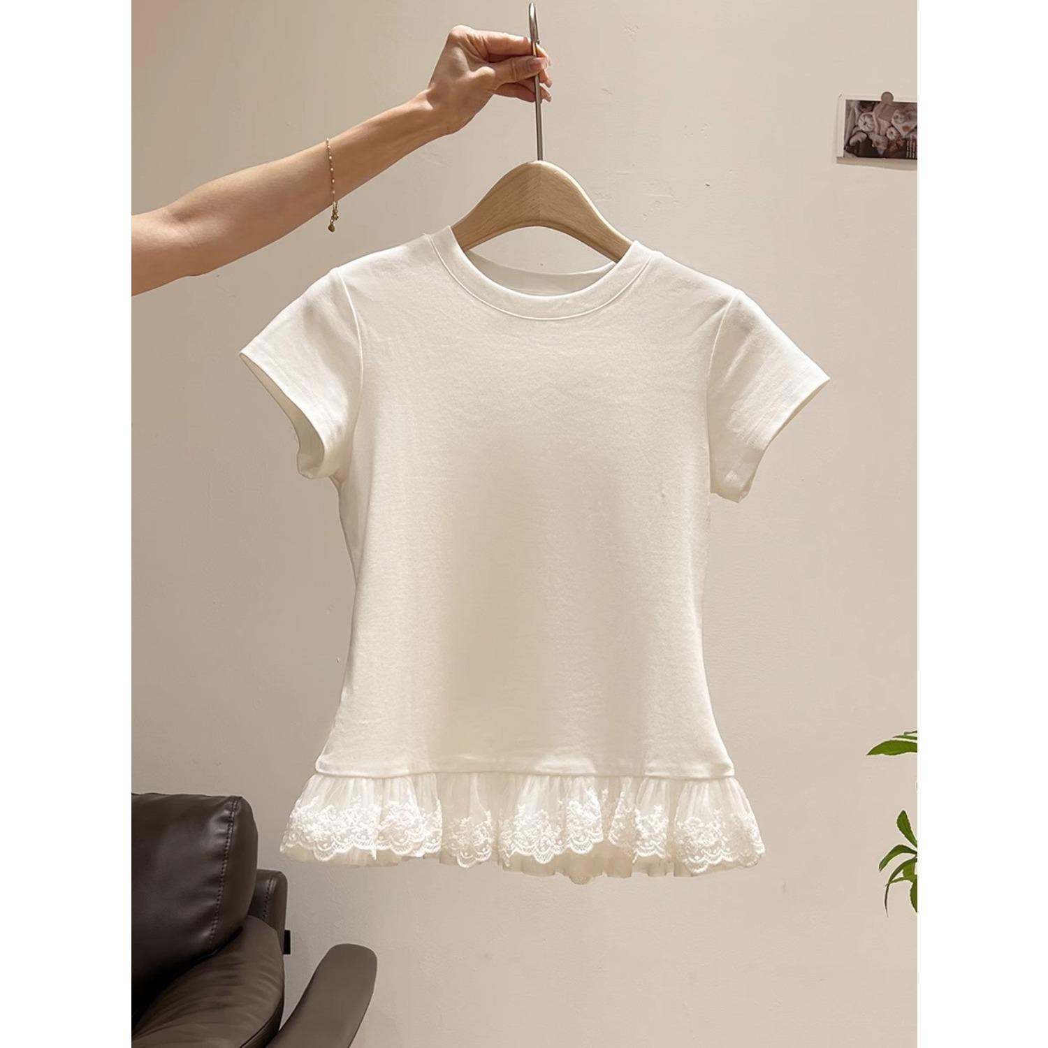 Women s Crew Neck Lace Trim Short Sleeve Tunic Top Slim Fit Solid Color Tee S