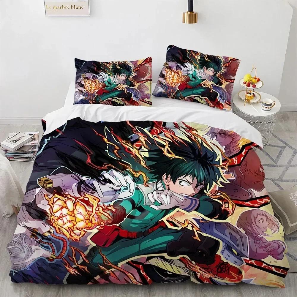 Set de lenjerie de pat cu personaje imprimate 3D din Anime My Hero Academy Huse de pilotă Fețe de pernă Set de lenjerie de pat Cearșaf de in Husa de plapumă Mărime Full Queen