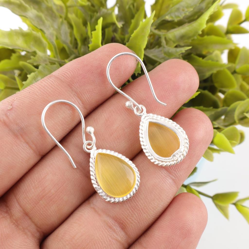 Yellow Cat's Eye Gemstone 925 Stamped Silver Jewelry Stylish Earrings 1.40" Gift EE-9-44
