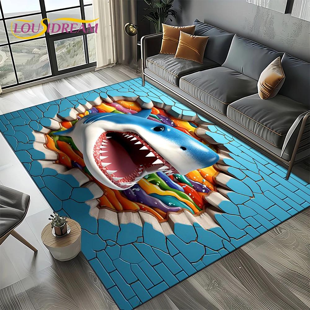 Underwater World 3D Illusion Seabed Cartoon Shark Dolphin Carpet Rug for Living Room Bedroom Home Sofa Decoration,Floor Mat Kid