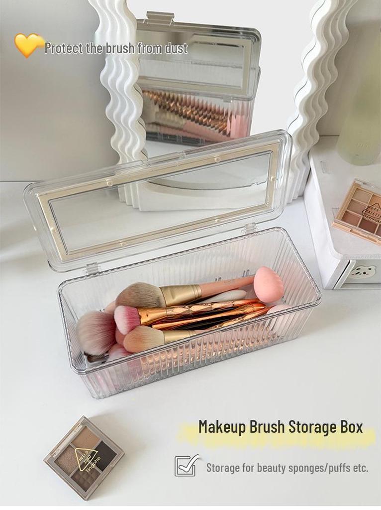 Transparent Dustproof Makeup Brush Storage Box with Lid - Large Capacity Vanity Organizer