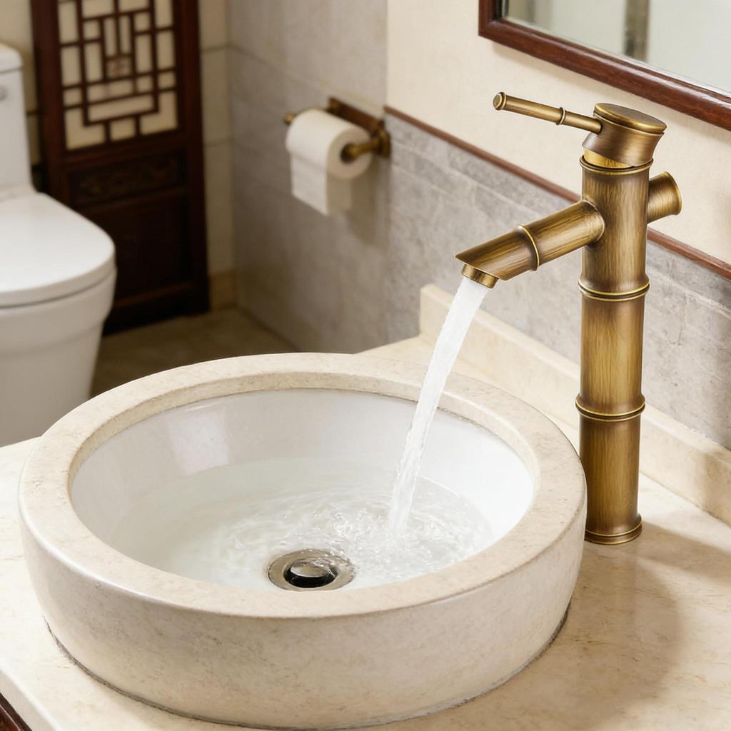 European Antique Bamboo Style Basin Faucet - Solid Copper Vessel Sink Mixer Tap, Hot & Cold Water for Wash Basin