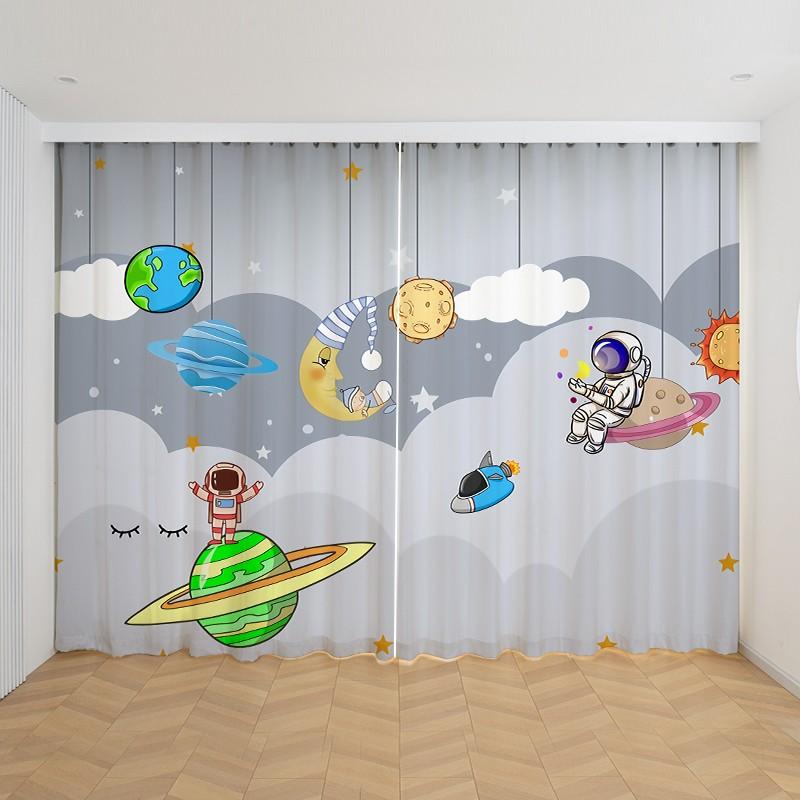 2 szt. Niestandardowe Kreskówkowe Zasłony z Motywem Kosmosu, Rakiety Kosmicznej dla Dziecięcej Sypialni, Salonu, Dekoracji Okiennych, Zasłony Kuchenne