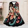 Women Plus Size V Neck Long Sleeve Black White Printed A Line Flared Dress With Belt