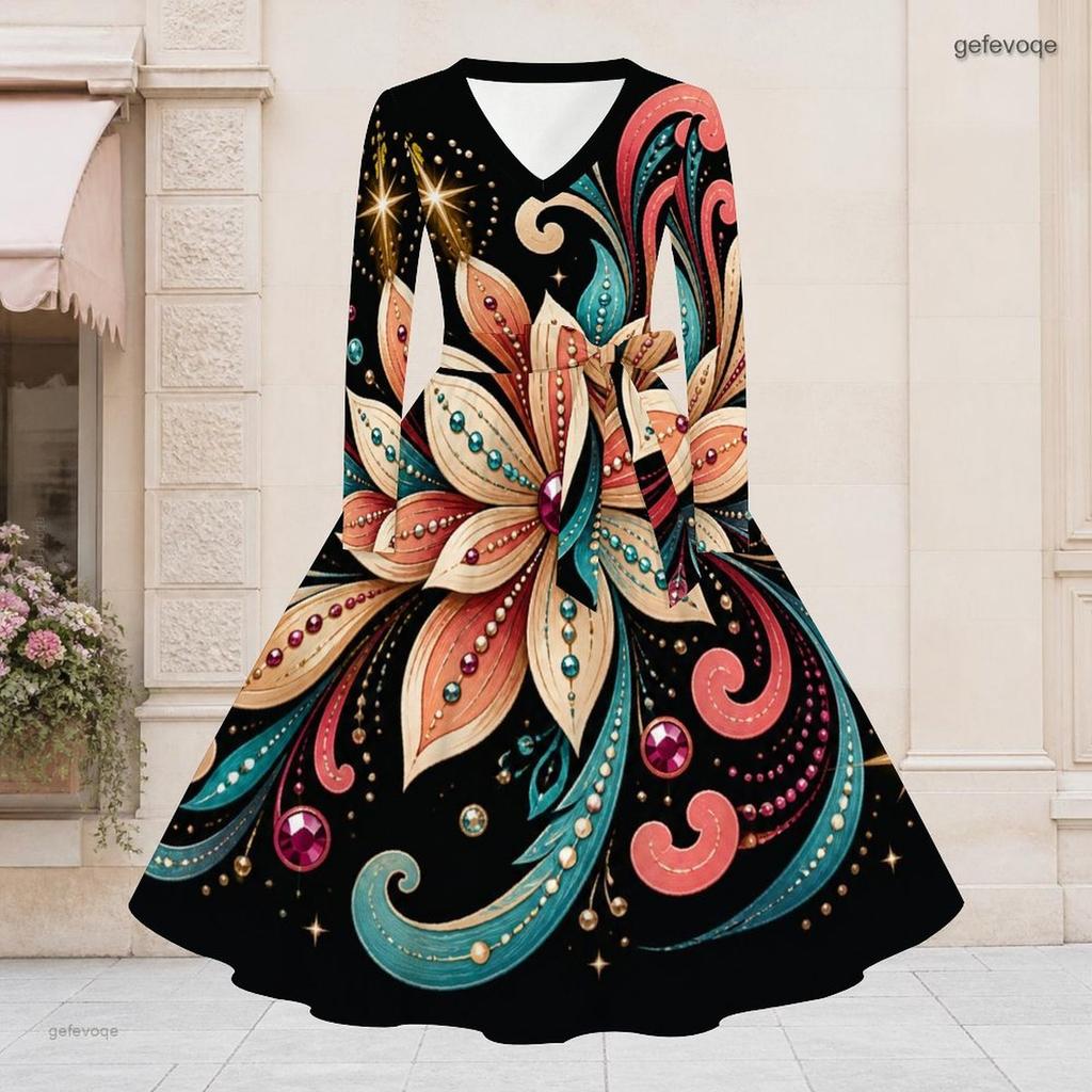 Women Plus Size V Neck Long Sleeve Black White Printed A Line Flared Dress With Belt