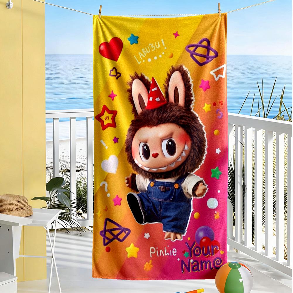 Labubu Customizable Name Beach Towel Quick-Dry Soft Microfiber Ideal for Travel Outdoor Swim Pool Yoga Surf Camping Hiking Gym Gift Holiday