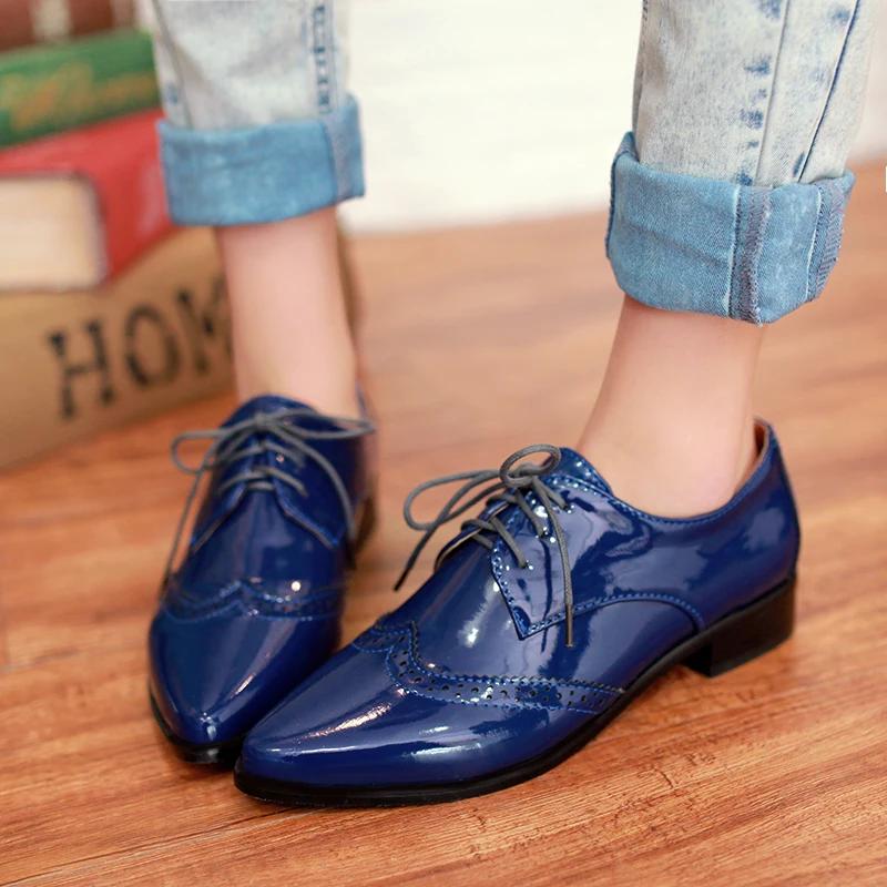Fashion Spring Autumn Women Oxford Flats Brogue Patent Leather Black Office Outsole Female Pointed Toe Ballet Derby Shoes Ladies 34-43