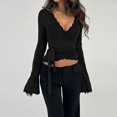 2026 Neues Damen-Langarm-T-Shirt mit Spitzenbesatz, zum Binden V-Ausschnitt, Cropped Unifarbenes Oberteil